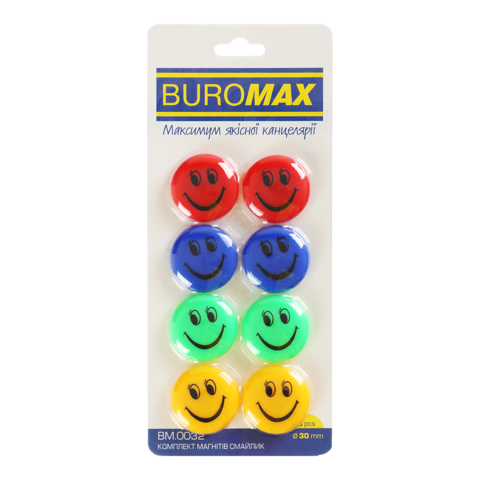 Комплект магнітів СМАЙЛИК КОЛЬОРОВЫ, 8 шт *30 мм, BM.0032 BUROMAX